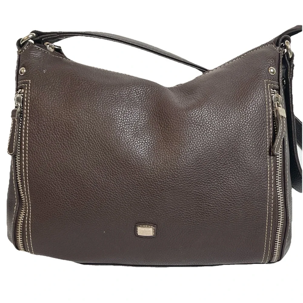 90s BAGGS Pebbled Leather Handbag Purse Brown Zip Pockets Medium Casual